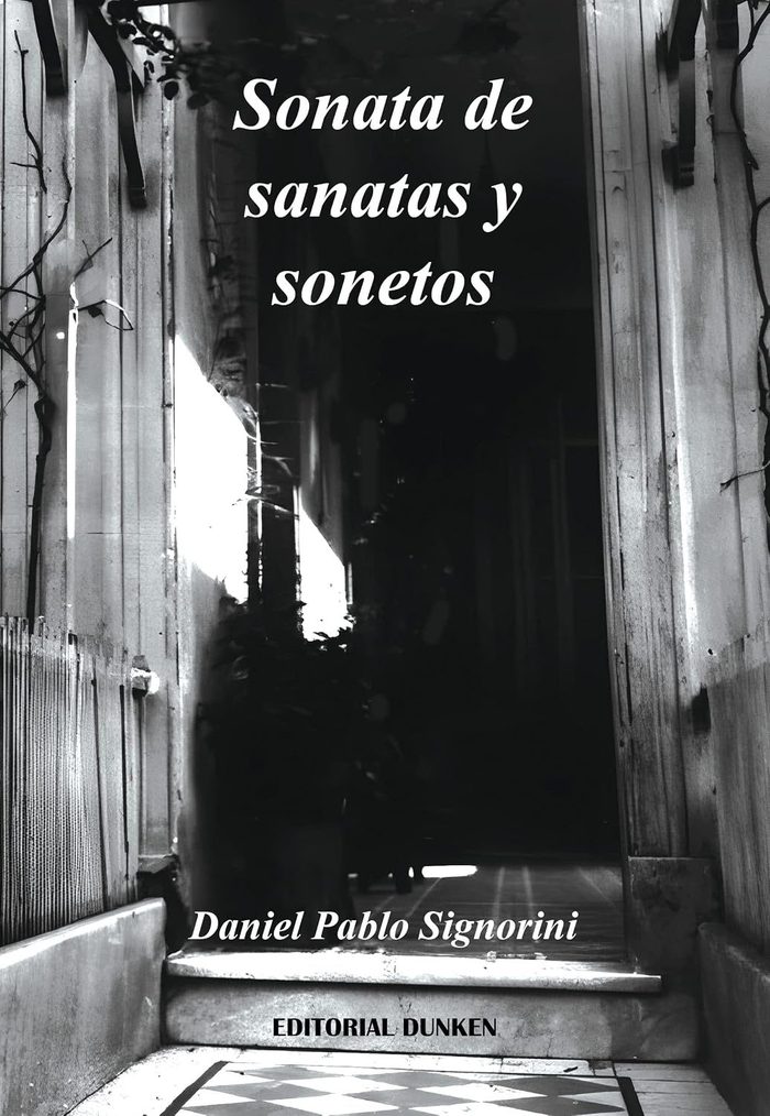 Tapa de Sonata de sanatas y sonetos: un pasillo antiguo en blanco y negro